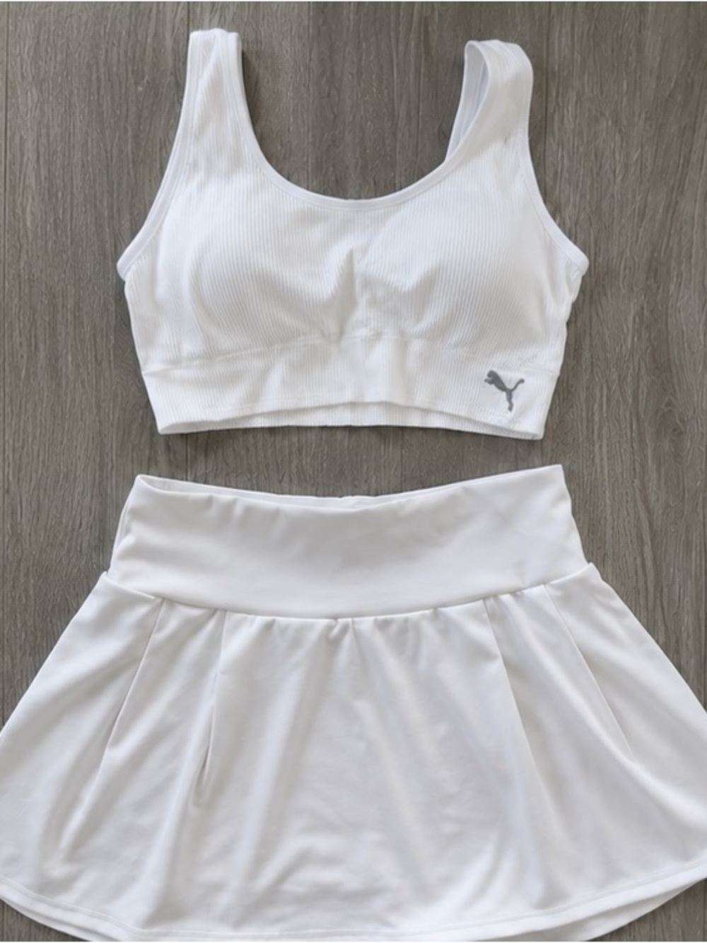 Puma White Ribbed Sports Bra with Matching White Athletic Skirt